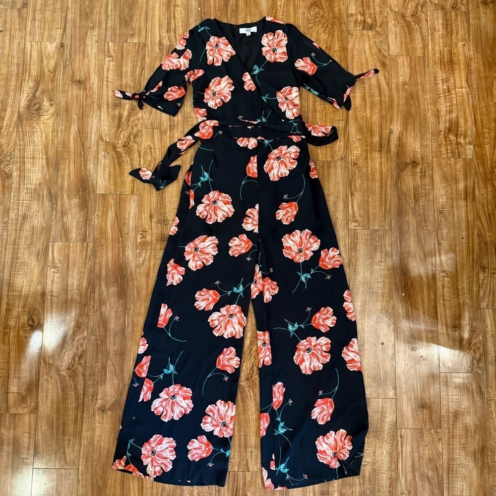 JACK Women’s Floral Black Pink Jumpsuit Jumper Wide Leg Short Sleeve Size Small